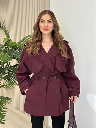 Kuşaklı Midi Trençkot Bordo