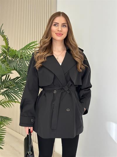Kuşaklı Midi Trençkot Siyah