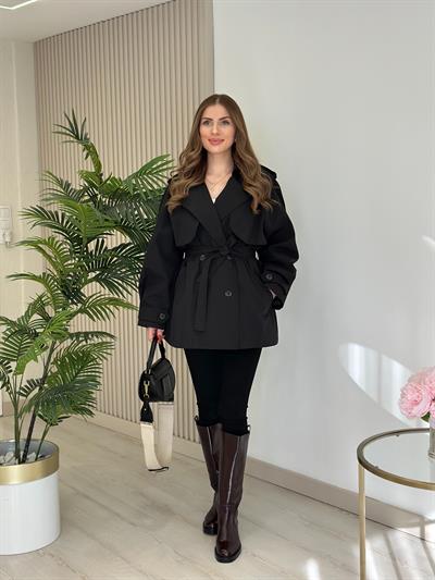 Kuşaklı Midi Trençkot Siyah