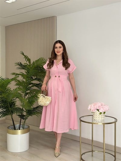 Kuşaklı Omuzları Kemerli Tensel Kumaş Gömlek Elbise Pembe