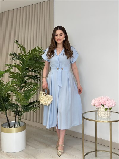 Kuşaklı Omuzları Kemerli Tensel Kumaş Gömlek Elbise Bebe Mavi