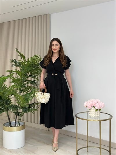 Kuşaklı Omuzları Kemerli Tensel Kumaş Gömlek Elbise Siyah