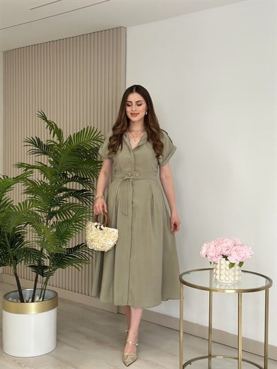 Kuşaklı Omuzları Kemerli Tensel Kumaş Gömlek Elbise Haki