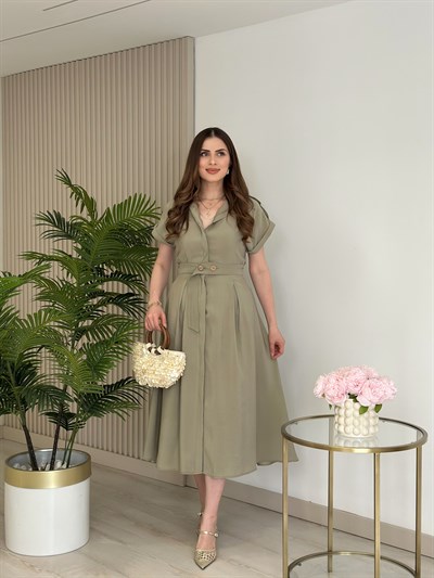 Kuşaklı Omuzları Kemerli Tensel Kumaş Gömlek Elbise Haki