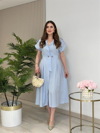 Kuşaklı Omuzları Kemerli Tensel Kumaş Gömlek Elbise Bebe Mavi