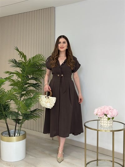 Kuşaklı Omuzları Kemerli Tensel Kumaş Gömlek Elbise Kahve