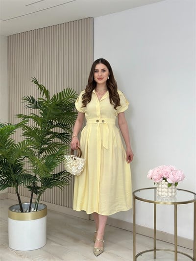 Kuşaklı Omuzları Kemerli Tensel Kumaş Gömlek Elbise Sarı