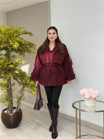 Kuşaklı Premium Seri Kaşe Kaban Bordo
