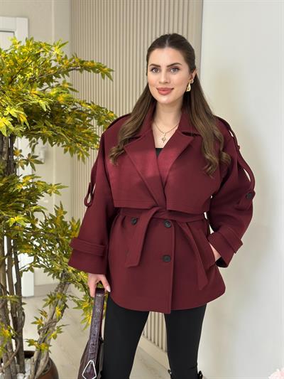 Kuşaklı Premium Seri Kaşe Kaban Bordo