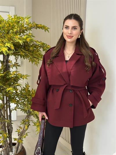 Kuşaklı Premium Seri Kaşe Kaban Bordo