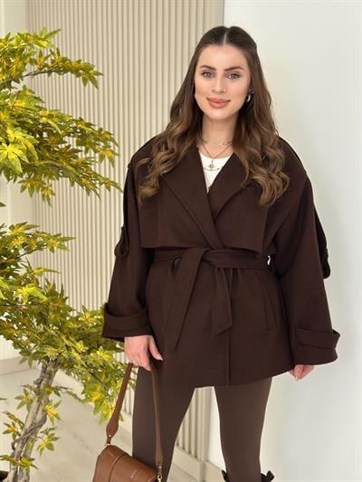 Kuşaklı Premium Seri Kaşe Kaban Kahve