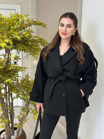 Kuşaklı Premium Seri Kaşe Kaban Siyah