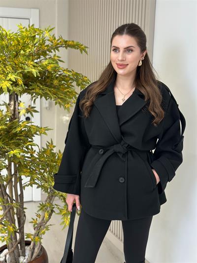 Kuşaklı Premium Seri Kaşe Kaban Siyah