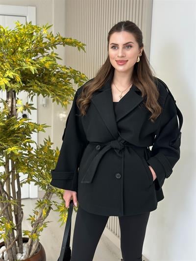 Kuşaklı Premium Seri Kaşe Kaban Siyah