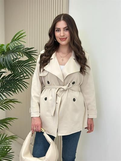 Kuşaklı Süet Trençkot Bej