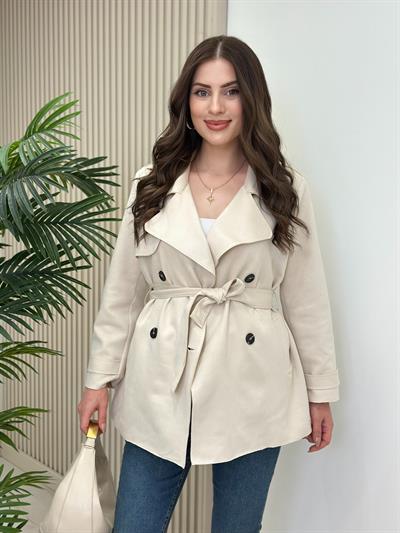 Kuşaklı Süet Trençkot Bej