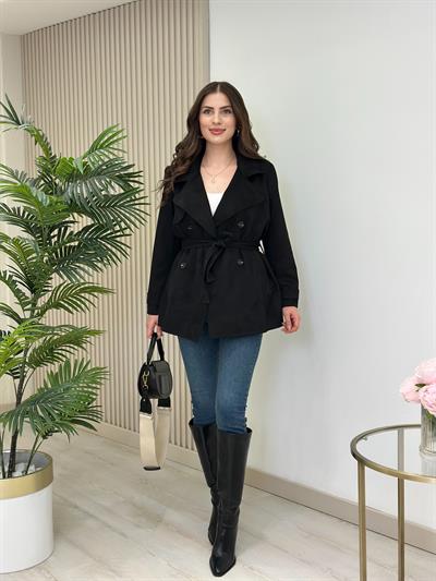 Kuşaklı Süet Trençkot Siyah