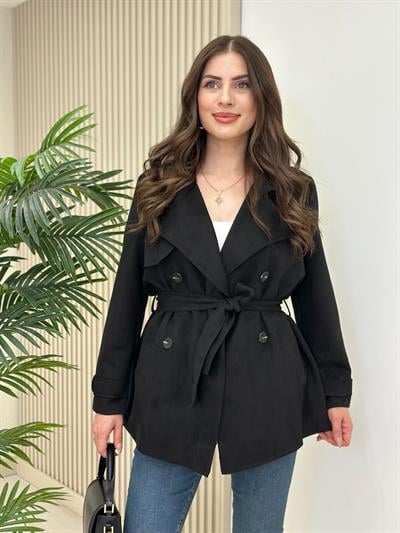 Kuşaklı Süet Trençkot Siyah