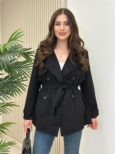Kuşaklı Süet Trençkot Siyah