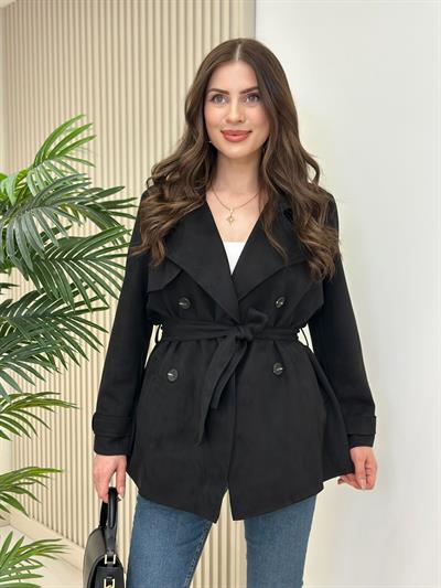 Kuşaklı Süet Trençkot Siyah