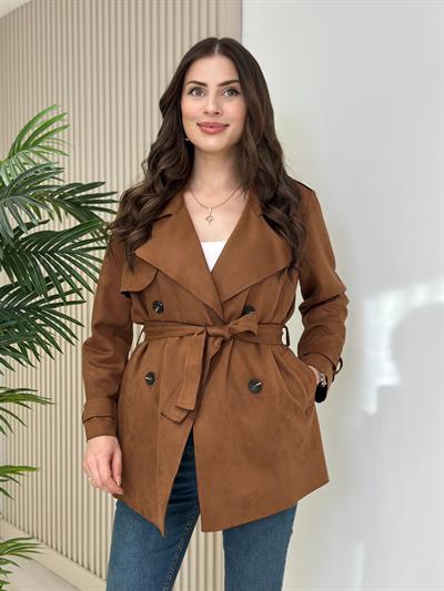 Kuşaklı Süet Trençkot Taba