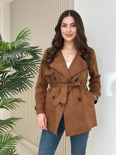 Kuşaklı Süet Trençkot Taba