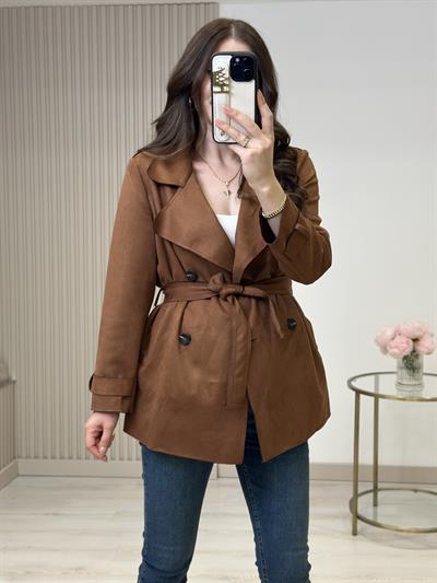 Kuşaklı Süet Trençkot Taba