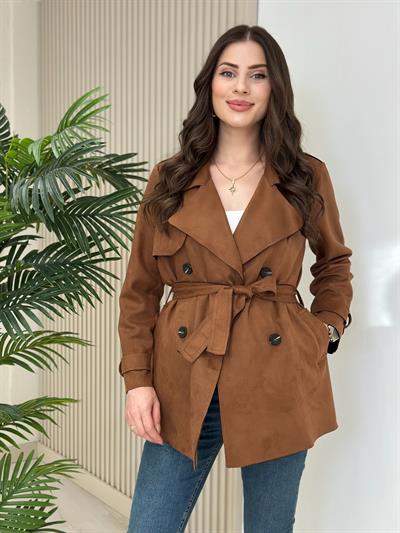 Kuşaklı Süet Trençkot Taba