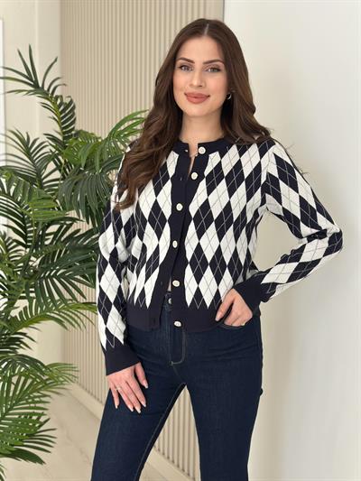 Lacivert Baklava Desen Çelik Örme Hırka