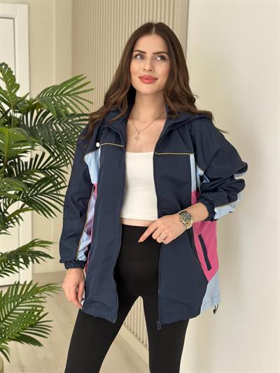 Lacivert Fuşya Geçişli Kapşonlu Yağmurluk