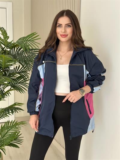 Lacivert Fuşya Geçişli Kapşonlu Yağmurluk