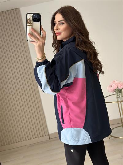 Lacivert Fuşya Geçişli Kapşonlu Yağmurluk