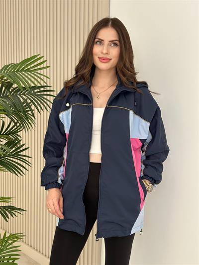 Lacivert Fuşya Geçişli Kapşonlu Yağmurluk
