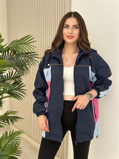 Lacivert Fuşya Geçişli Kapşonlu Yağmurluk