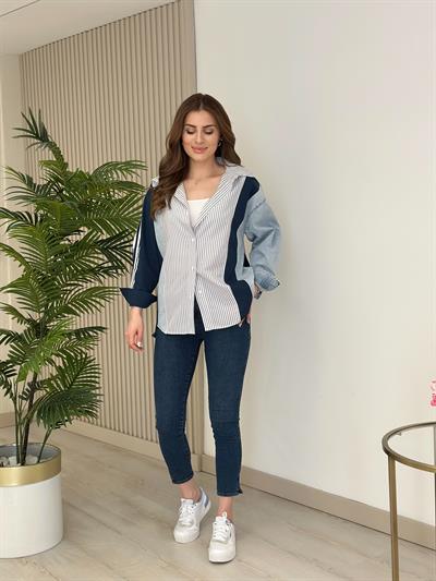 Lacivert Geçişli Jean Detaylı Tasarım Gömlek