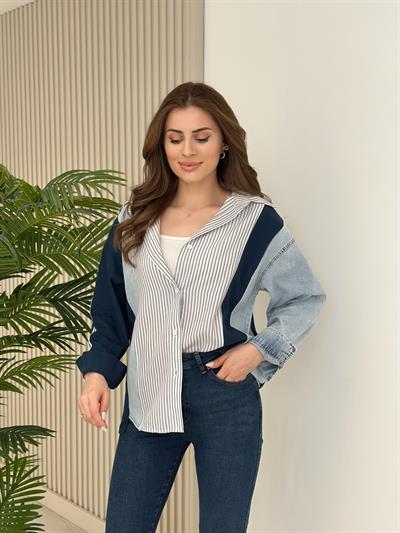 Lacivert Geçişli Jean Detaylı Tasarım Gömlek