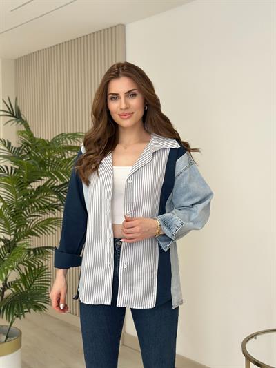Lacivert Geçişli Jean Detaylı Tasarım Gömlek