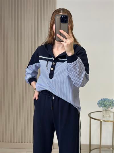 Lacivert Gömlek Detaylı Simli Şeritli Modal Kumaş Takım