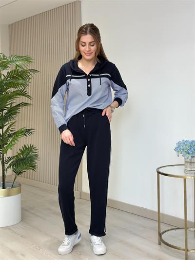 Lacivert Gömlek Detaylı Simli Şeritli Modal Kumaş Takım