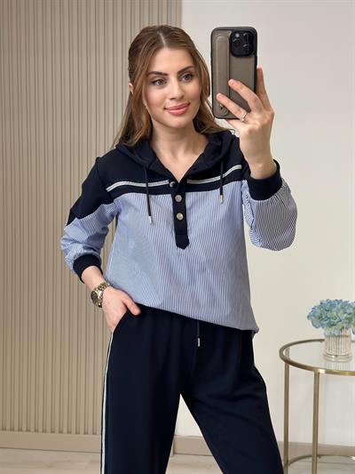 Lacivert Gömlek Detaylı Simli Şeritli Modal Kumaş Takım