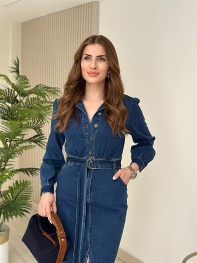 Lacivert Kemerli Yırtmaçlı Kot Elbise 