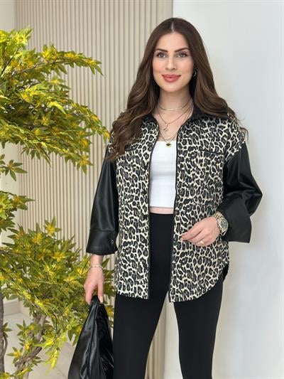 Leopar Desen Gabardin Deri Miksli Tasarım Gömlek