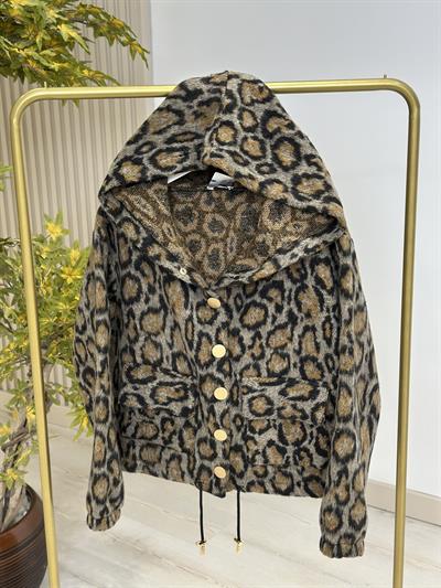 Leopar Desen Kapşonlu Lüx Kalite Kaşe Hırka