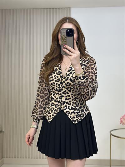 Leopar Desen Kolları Tül Gold Düğmeli Tasarım Bluz