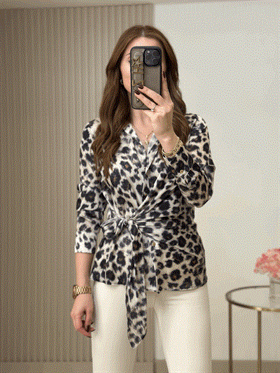 Leopar Desenli Gold Düğmeli Beli Bağlamalı Pamuk Saten Bluz