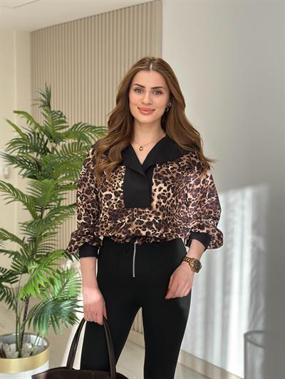 Leopar Desen Gömlek Yaka Bluz