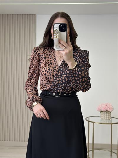 Leopar Desenli İpek Krep Bodysuit
