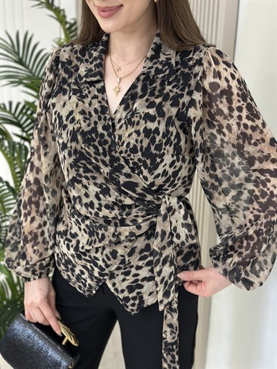Leopar Desenli Kruvaze Bağlamalı Tül Bluz