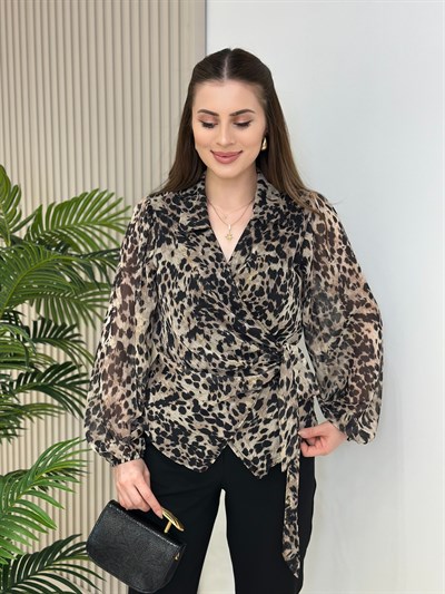 Leopar Desenli Kruvaze Bağlamalı Tül Bluz