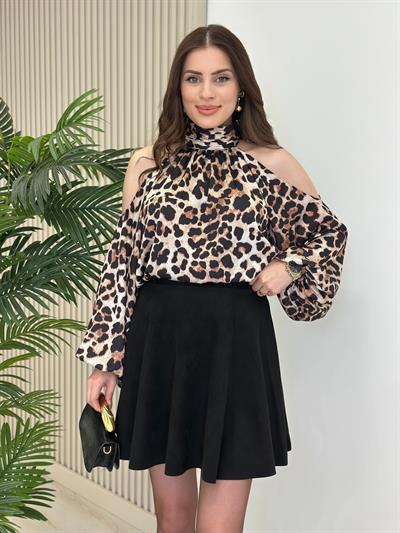 Leopar Desenli Omuz Dekolteli Beli Lastikli Bluz 